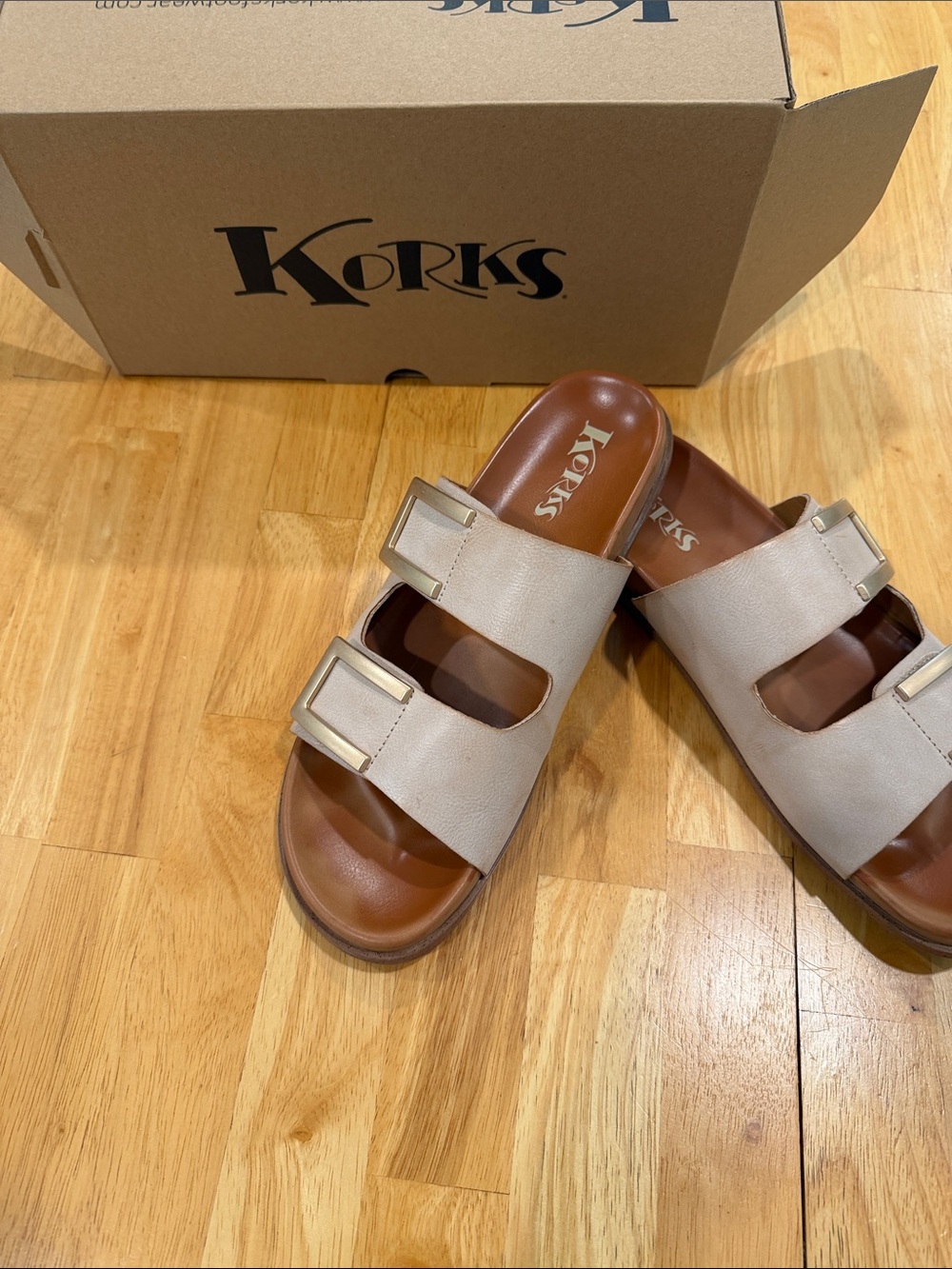 Kork-Ease Women’s Double Buckle Slide Sandals in Light Taupe